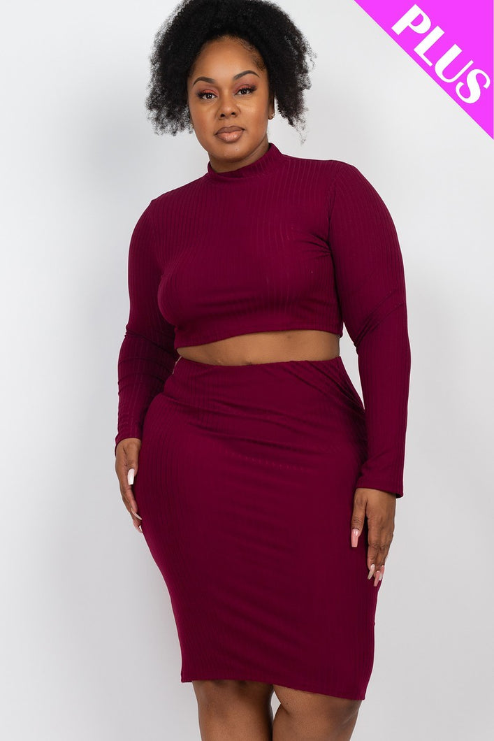 Plus Size Ribbed Mock Neck Crop Top & Midi Skirt Set